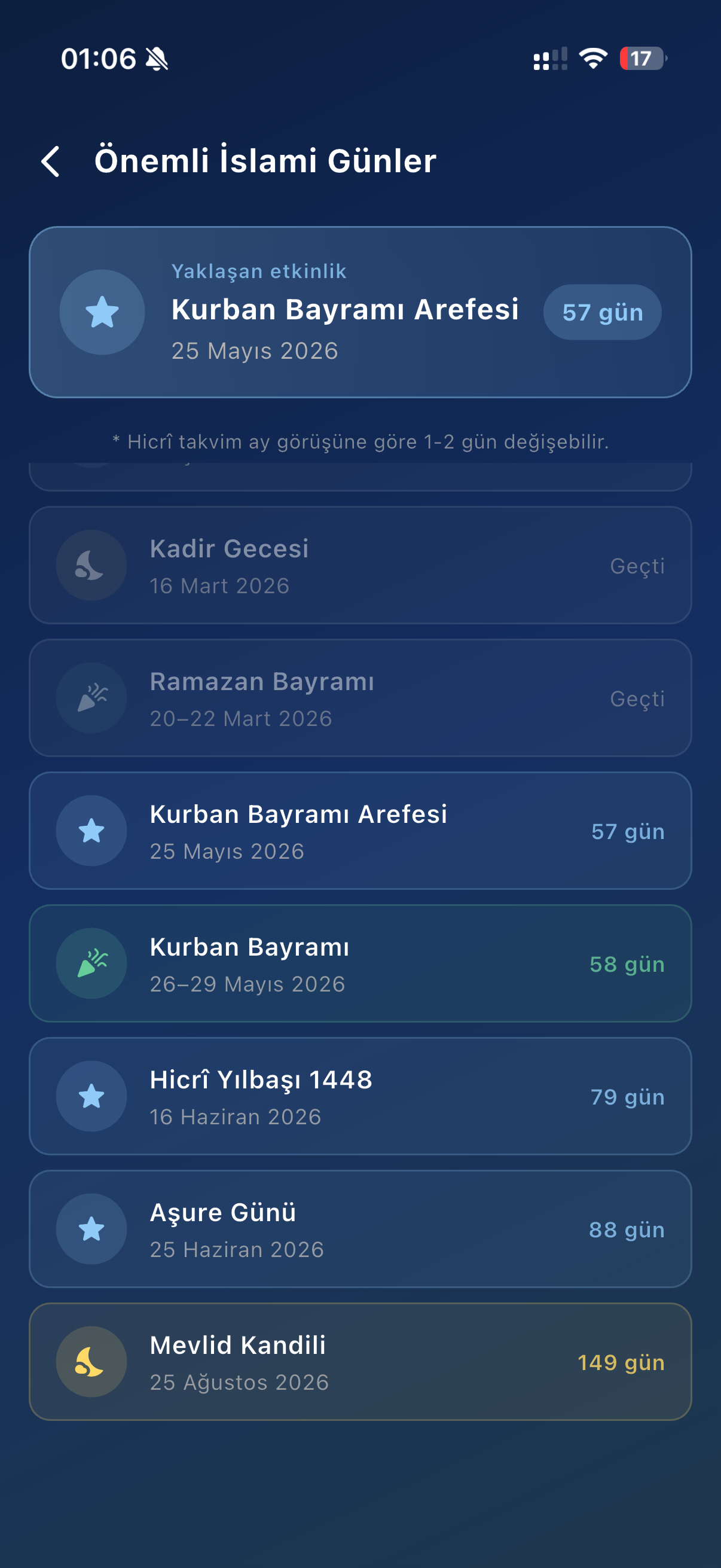 Ezan Vakti Lite — Mübarek günler ekranı