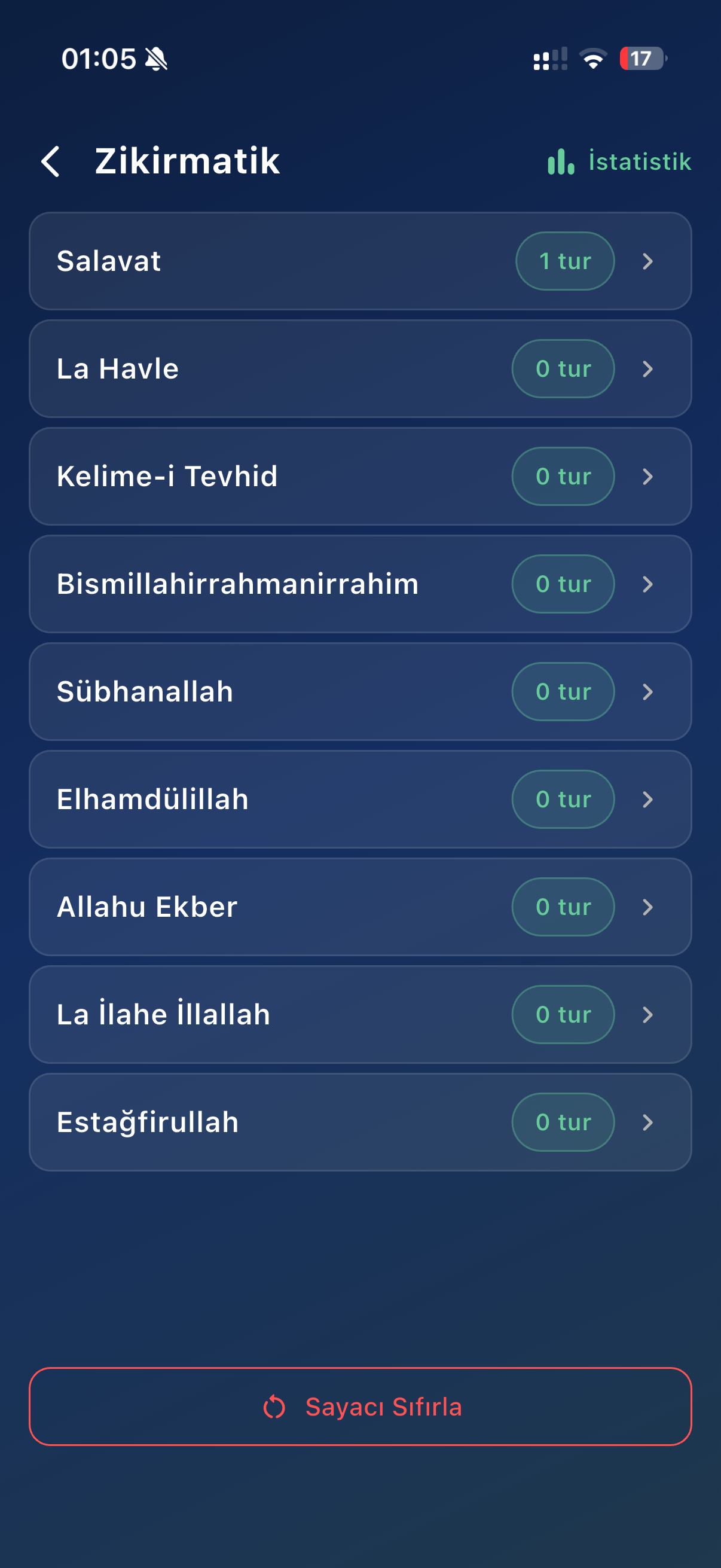 Ezan Vakti Lite — Zikirmatik ekranı